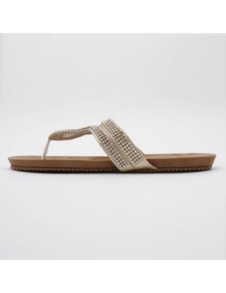 Tongs nu-pieds femme simili cuir avec à strass dorées RIVIERA