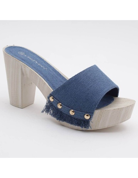 Sabots jeans rivets dorés talon blanc bout ouvert NICE