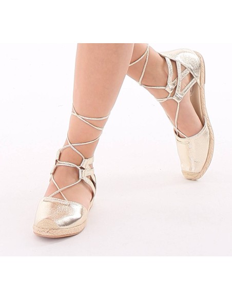 Espadrilles plates dorées à lanières bout raphia Laurine