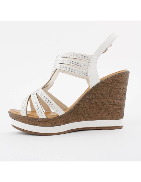 Sandales compensées effet liège à strass blanc GLAM
