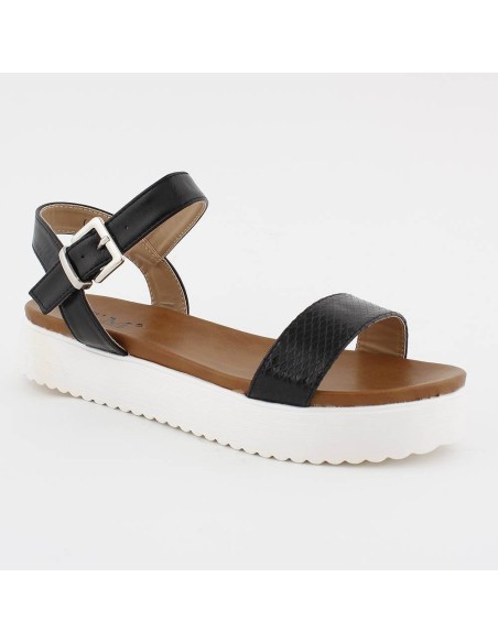 Sandales noires motif serpent talon compensé blanc Éloïse