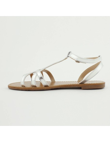 Sandales spartiates plates avec boucle verni argenté Melania