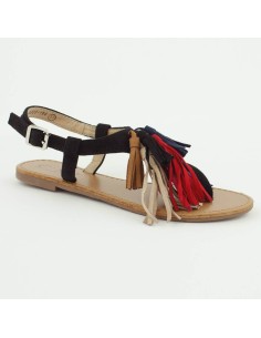 Sandales plates noires à franges multicouleurs ENORA