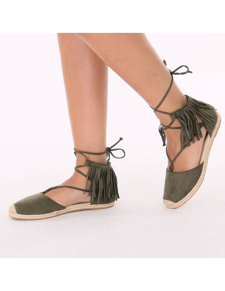 Espadrille daim et raphia avec franges vert kaki ALYZE