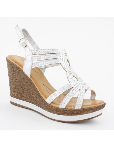 Sandales talon compensé effet liège à strass argentées GLAM