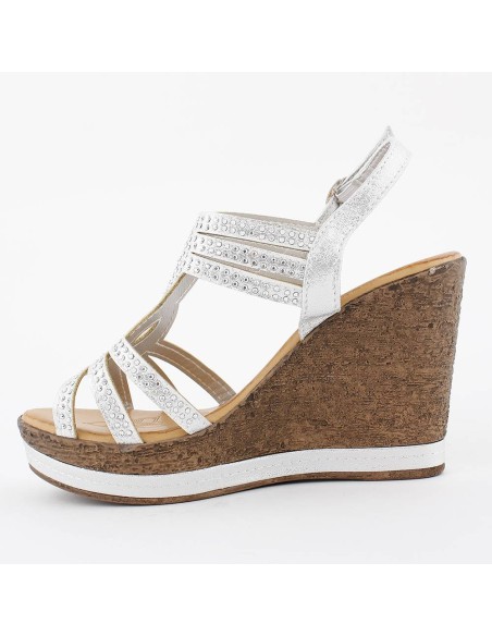 Sandales talon compensé effet liège à strass argentées GLAM