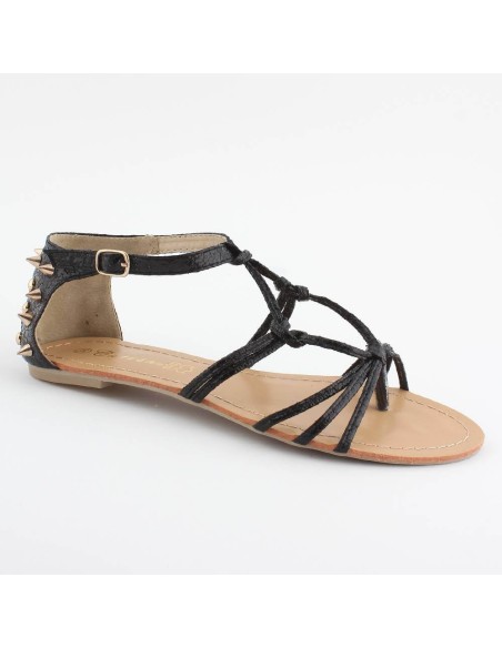 Sandale tendance simili cuir granulé noir lanières et clous dorés PYLA
