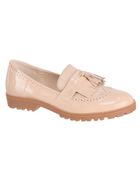 Derbies effet daim et simili cuir verni pour femme à franges beige QUEEN