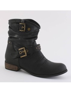 BOTTINE FEMME SIMILI CUIR NOIR PLISSÉE A BRIDES ET CLOUS ANGELA