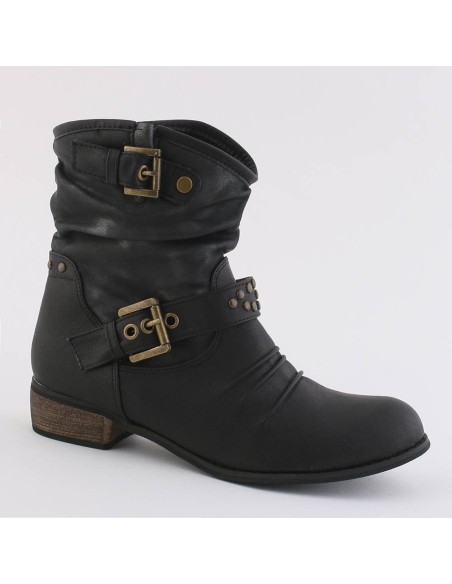 BOTTINE FEMME SIMILI CUIR NOIR PLISSÉE A BRIDES ET CLOUS ANGELA