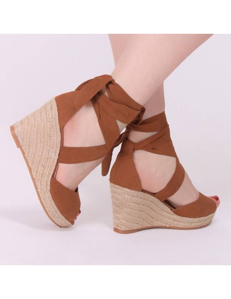 Espadrilles camel à talon compensé à ruban montant ISA