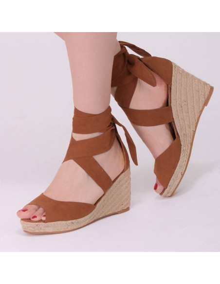 Espadrilles camel à talon compensé à ruban montant ISA
