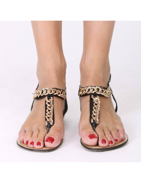 Sandales femme noires à chaine dorée SHARON